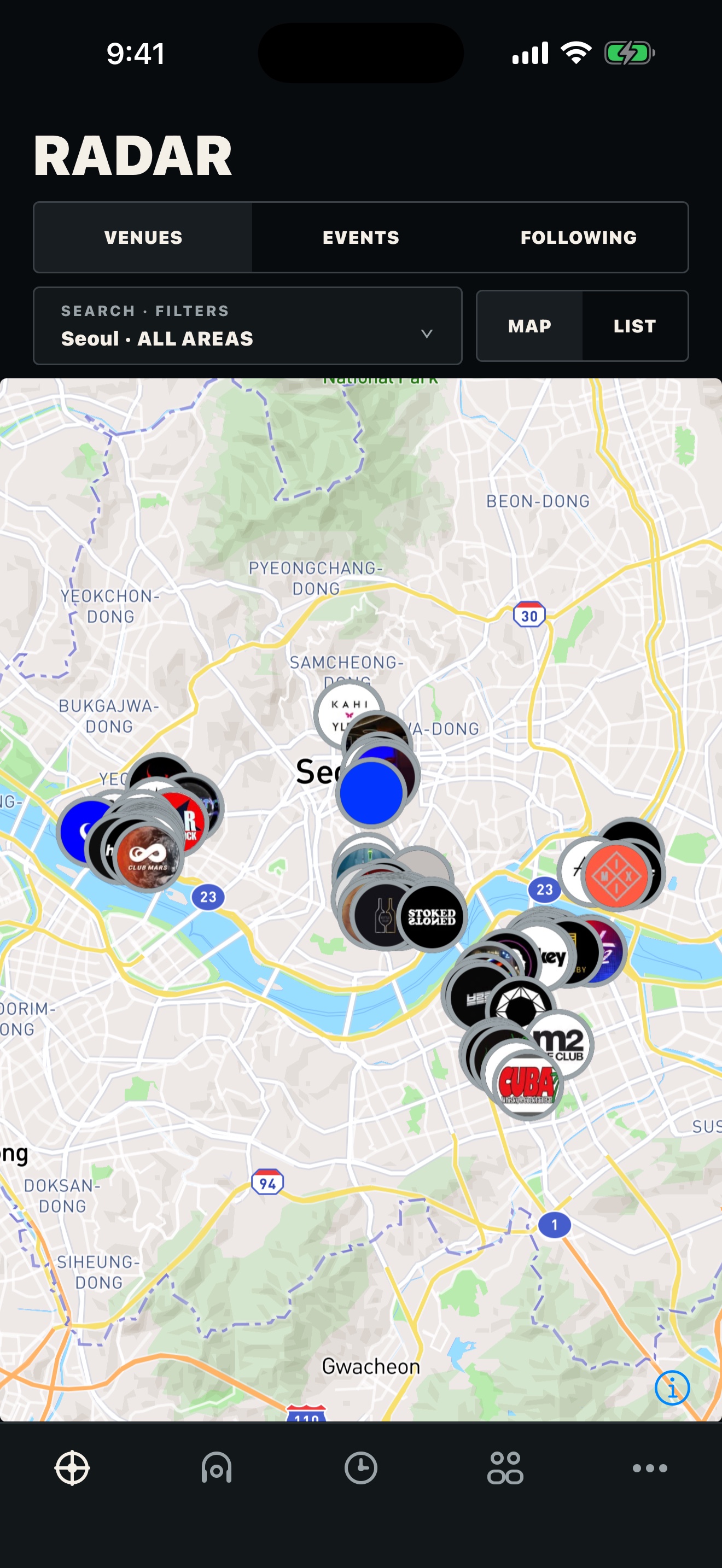 Tracknote Radar showing venues across Seoul